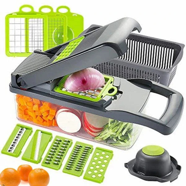 16-in-1 Multifunction Vegetable Slicer & Chopper with Basket – Fruit, Potato & Carrot Grater